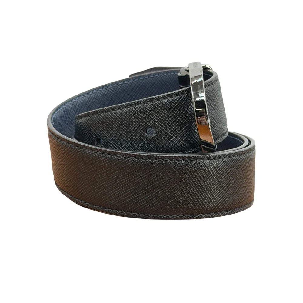 Montblanc Horseshoe Buckle Belt Mens SZ 28 Black Blue Reversible Leather Classic